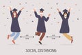 Graduated students jumping and wearing face mask, academic gown or robe, cap, holding diploma. Banner Social distancing