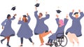 Graduated students wearing academic dress, gown or robe and tossing graduation cap. Young people celebrating university graduation
