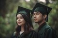 Graduates boy and girl in graduation caps and gowns smiling in park, Generative AI 1