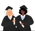 Graduates of different nationalities. Flat vector portrait of girls in graduate uniform in cartoon style.