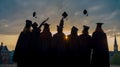 Graduates in robes and caps throw up their hats after graduation. Ceremony is tradition of graduation. Silhouettes Royalty Free Stock Photo