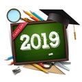 Graduating class of 2019. Poster, party invitation, greeting card. Chalkboard, graduation cap, pencils. Grad poster