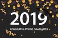 Graduating class of 2019. Poster, party invitation, greeting card in gold colors. Grad poster, vector illustration.