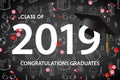 Graduating class of 2019. Poster, party invitation, greeting card in gold colors. Grad poster, vector illustration.