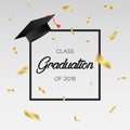 Graduating class of 2018 - template for card, banner, poster with gold confetti, frame and mortarboard. Vector. Royalty Free Stock Photo