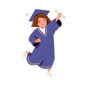 Graduating kid with diploma. School girl in graduation gown, cap. Cute little elementary student, happy child jumping