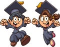 Graduating excited boy and girl wearing a cap and gown