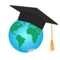 Graduating square cap or mortar board and planet earth. International graduation. Vector illustration