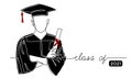 Graduating student with cap, black gown, holding diploma simple vector background, poster, banner. One continuous line