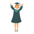 Graduating student girl in an academic gown raising her hands up. Colorful cartoon illustration Royalty Free Stock Photo