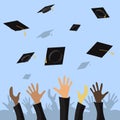 Graduating students of pupil hands throwing graduation caps in the air vector flat illustration Royalty Free Stock Photo