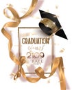 Graduation 2019 party invitation card with hat and long gold silk ribbon and confetti.