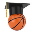 Graduation Academic Cap over Orange Basketball Ball. 3d Rendering