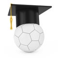 Graduation Academic Cap over White Leather Football Soccer Ball. 3d Rendering