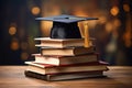 Graduation achievement, cap on a stack of books, wooden desk