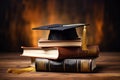 Graduation achievement, cap on a stack of books, wooden desk