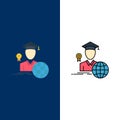 Graduation, Avatar, Graduate, Scholar Icons. Flat and Line Filled Icon Set Vector Blue Background