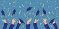 Graduation banner. Graduate students hands throwing academic caps on blue background and confetti. Vector illustration