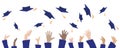 Graduation banner. Graduates hands throwing square academic caps or mortarboards. Vector illustration