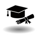 Graduation black vector icon. Flat solid illustration of mortarboard cap or graduation hat with rolled diploma isolated on white Royalty Free Stock Photo