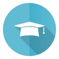 Graduation blue round flat design vector icon isolated on white background, cap, education illustration in eps 10