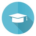 Graduation blue round flat design vector icon isolated on white background, cap, education illustration in eps 10 Royalty Free Stock Photo