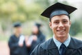 Graduation, campus or portrait of happy man with education, future goals or studying for opportunity. Pride, smile or