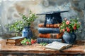 Graduation cap atop vintage books with a vase of roses, scholarly theme.