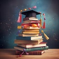 Graduation cap balancing on stack of colorful books with a touch of fantasy