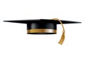 Graduation cap. Black educational student hat with golden tassel. Element for degree ceremony and educational programs