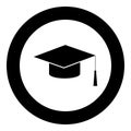 Graduation cap black icon in circle vector illustration isolated . Royalty Free Stock Photo