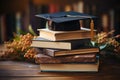 Graduation cap and book pile, diverse education and teachers day image