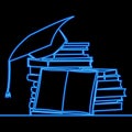 Graduation cap on book stack academic and school knowledge neon glow vector illustration concept Royalty Free Stock Photo