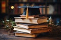 Graduation cap and book stack, education pictures for website Royalty Free Stock Photo