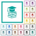 Graduation cap with books flat color icons with quadrant frames