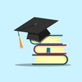 Graduation cap on books flat vector. Books step education. Academic and school knowledge illustration Royalty Free Stock Photo