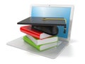 Graduation cap and books on laptop. Concept of internet, online learning. 3D