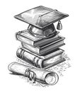 Graduation cap, books stack and diploma scroll. College, study concept. Sketch vintage vector illustration Royalty Free Stock Photo