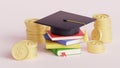 Graduation cap on books stack and golden coins. Investment in education, future career success. 3d render Royalty Free Stock Photo