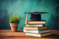 Graduation cap and books on wooden table, scholarly education concept with empty space Royalty Free Stock Photo