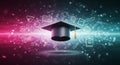 Graduation cap centered among a variety of white educational icons on a Royalty Free Stock Photo