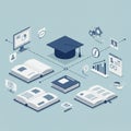 Graduation cap centralizes various educational elements in a digital landscape. Open Royalty Free Stock Photo