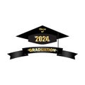 Graduation cap with class of 2024 banner. Academic celebration emblem. Golden highlights. Vector illustration. EPS 10. Royalty Free Stock Photo