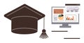Graduation cap and computer monitor displaying analytics, charts, and shopping interface Royalty Free Stock Photo