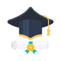 Graduation Cap with Degree. Diploma scroll. University degree certificate. Vector illustration Royalty Free Stock Photo