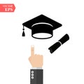 Graduation cap and diploma black web icon. vector illustration. A hand pointing to graduation cap icon. Royalty Free Stock Photo