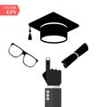 Graduation cap and diploma black web icon. vector illustration. A hand pointing to graduation cap icon. Royalty Free Stock Photo