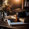 Graduation cap and diploma on books. Education concept. Selective focus. Royalty Free Stock Photo