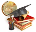 Graduation cap, diploma, books, globe