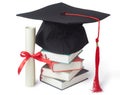 graduation cap and diploma with books